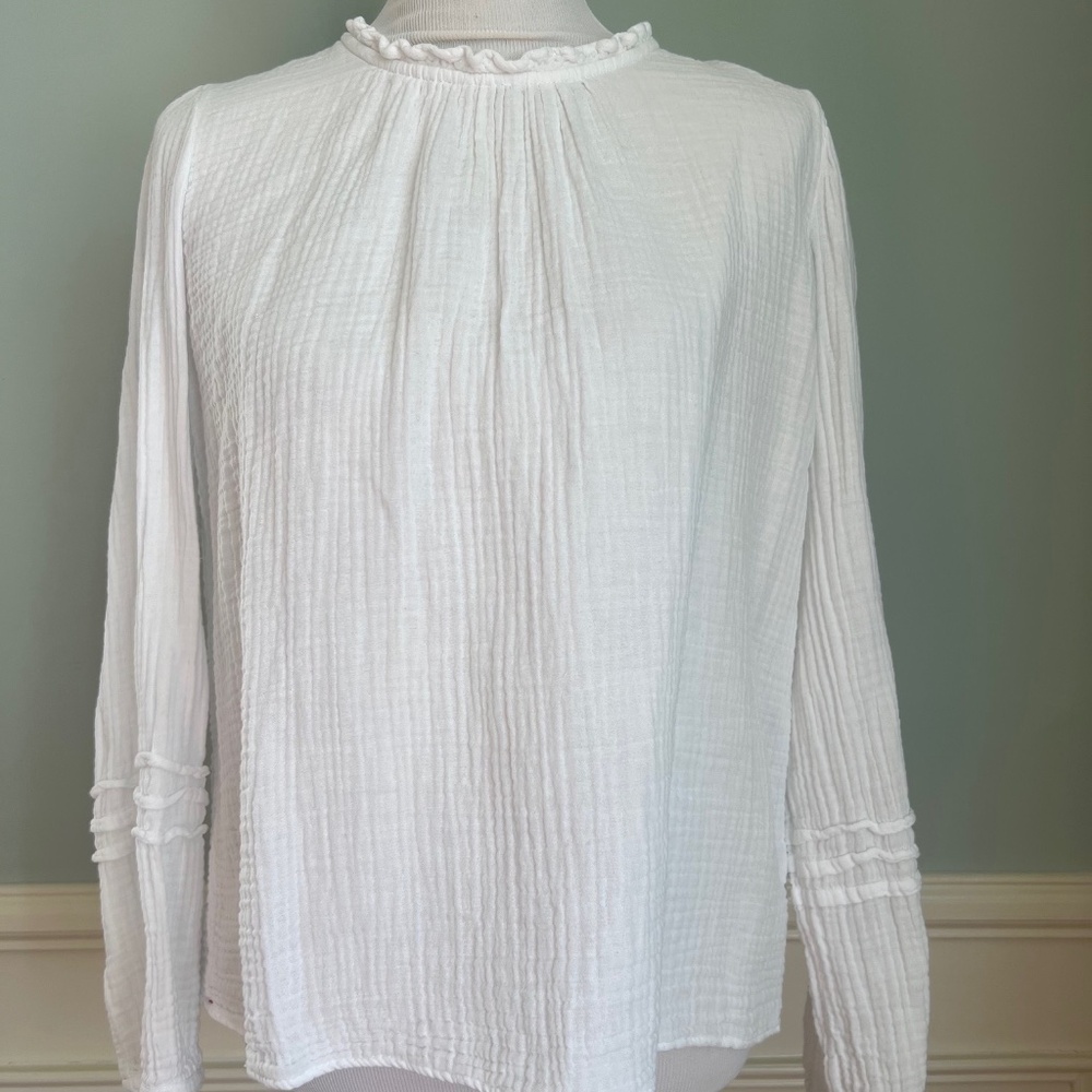 Xirena Cotton Blouse, Size Medium, Long Sleeve, Ruffle Neck, Pullover